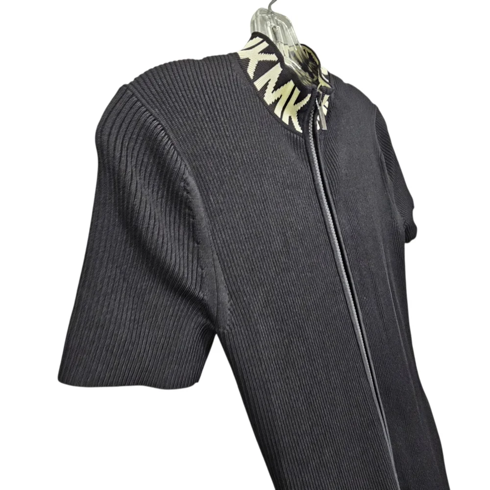 Nwot Michael Kors Black Ribbed Knit MK Logo Neckline Shortsleeve Zipfront Dress - Picture 8 of 17
